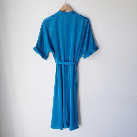 Vintage 80's Blouson Midi Dress 7/8 Turquoise - Picture 8 of 12
